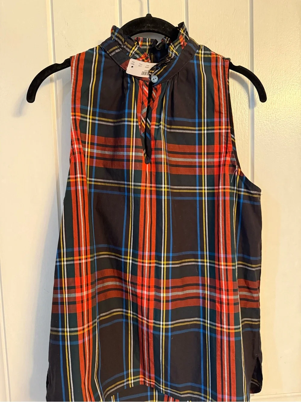 J Crew Woman’s Sleeveless Red Plaid Ruffle-Neck Top